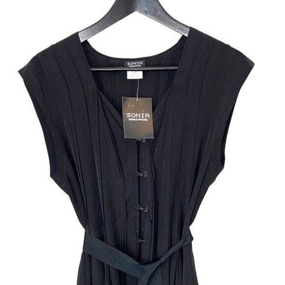 Sonia Rykiel Womens Cap Sleeve Pleated Belted Fit & Flare Dress Black Sz 40 NWT - Picture 2 of 10